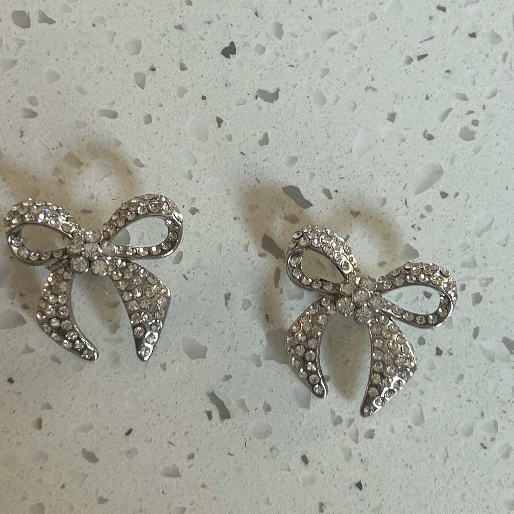 Two Vintage Silver Tone Matching Rhinestone Bow Pins 1950’s Delicate MCM
